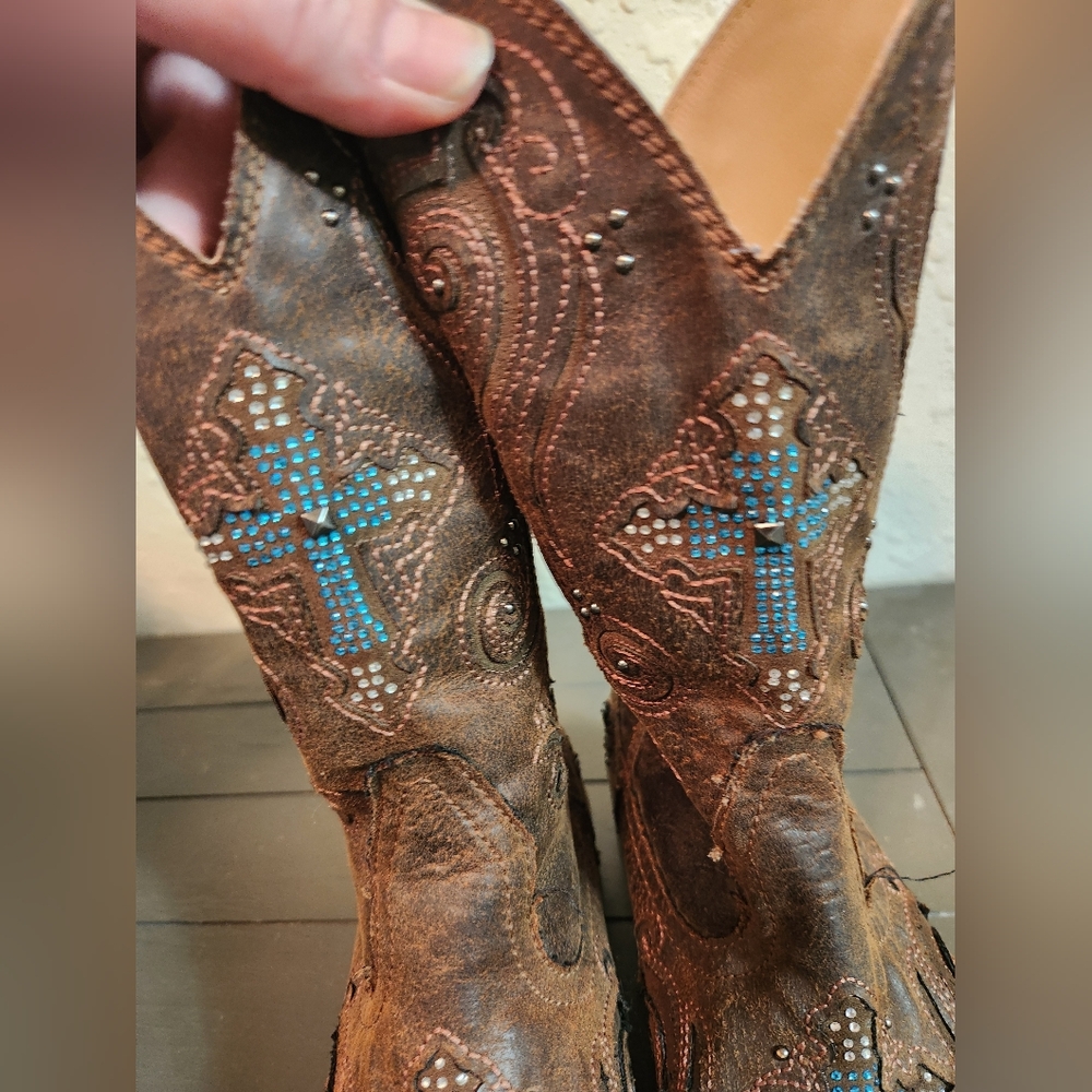 Roper Brown Cowboy Boots with Blue Cross Accents - Picture 6 of 12